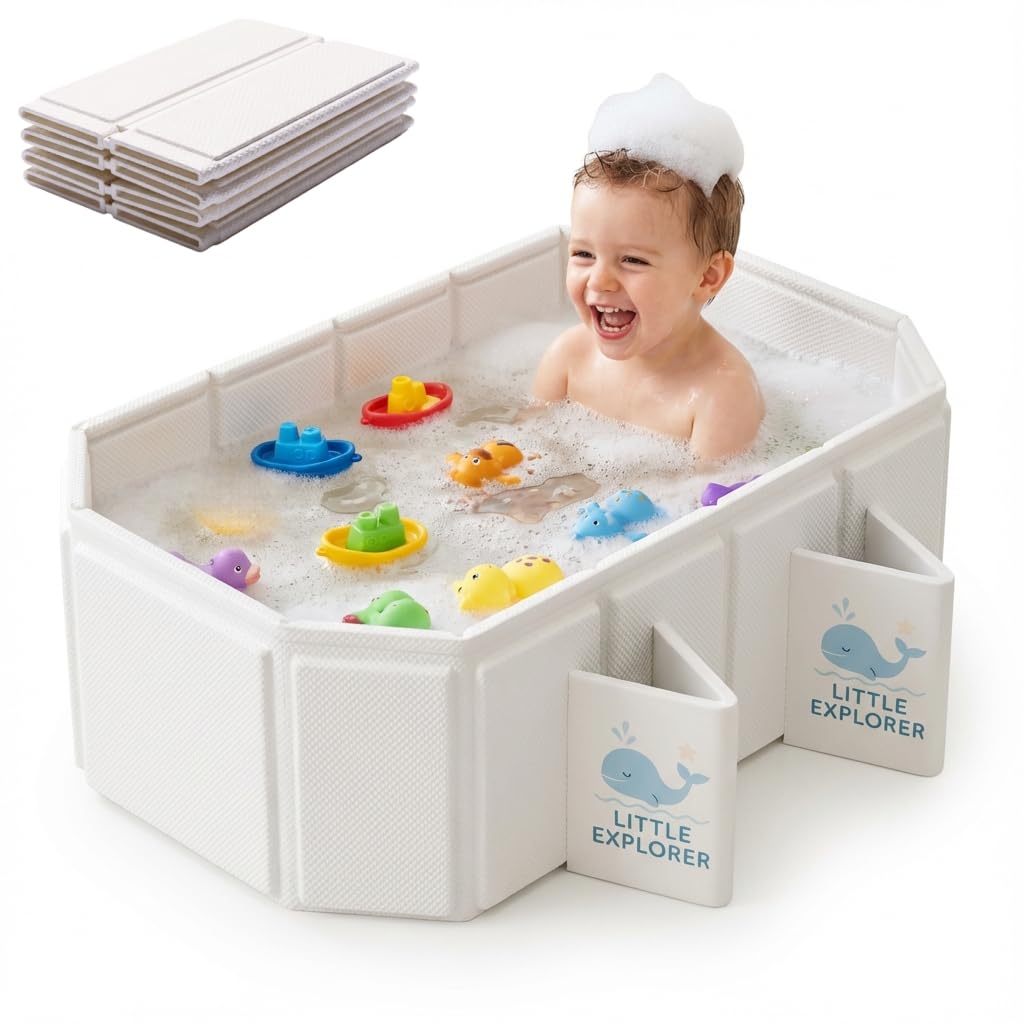 Foldable Baby Bathtub for 0–6 Years, Toddler Bath Tub for Shower, Collapsible Kids Bathtub with 4 Stable Support Legs & Dual Drain Holes, Portable Travel Baby Bath, Easy Storage, Off-White