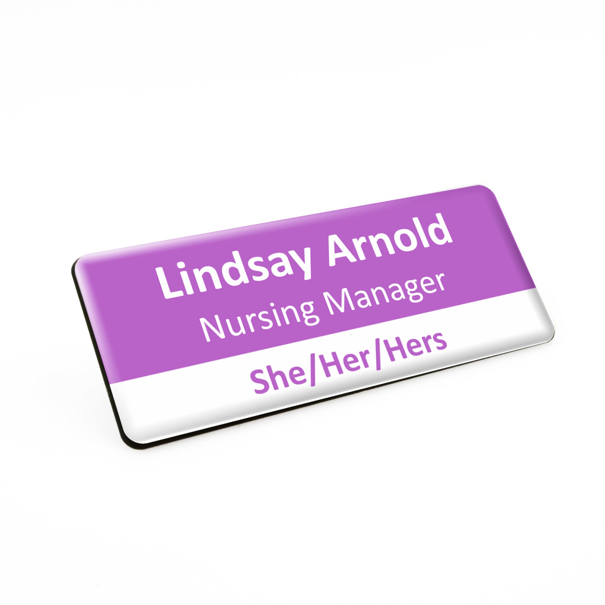 Badgemaster Simple Low White Pastel Purple Surgery Dentist Practice Medical Name Badge with Pronouns and Job Title 76 x 32mm Mid White/Black Material Pin Magnet Clip Fastener