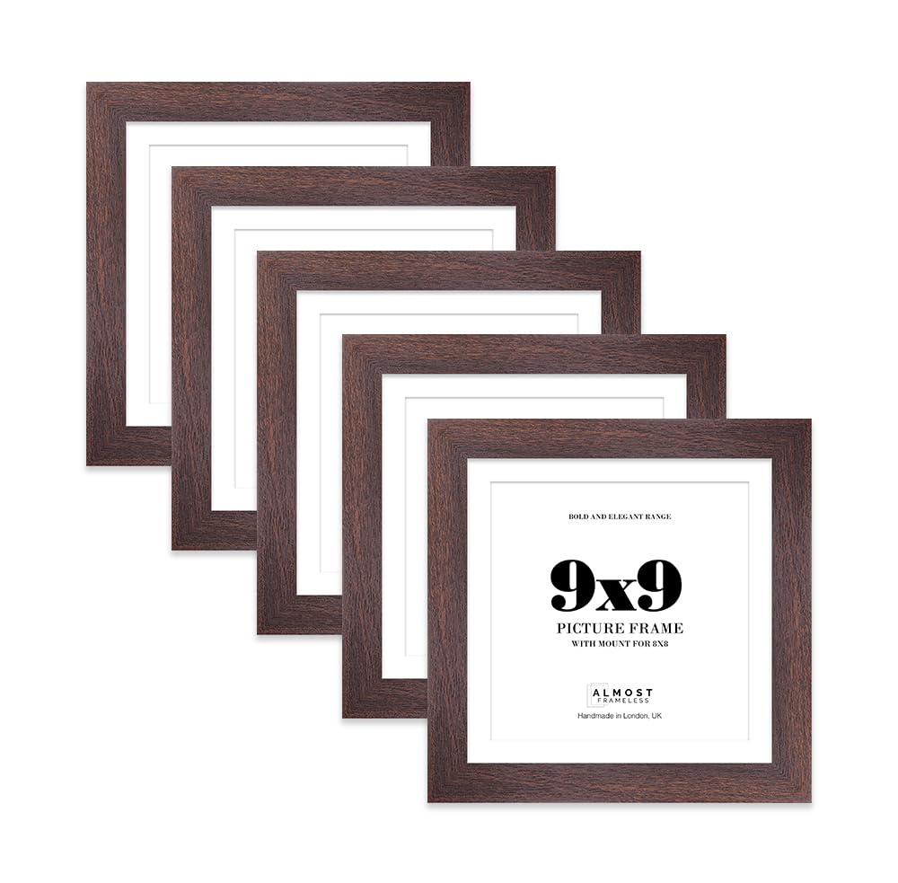 9x9" Walnut Square Frame With Mount for 8x8" Pictures 28mm Edge Frame Display with Wall Hooks and Kickstand, 5 Pack