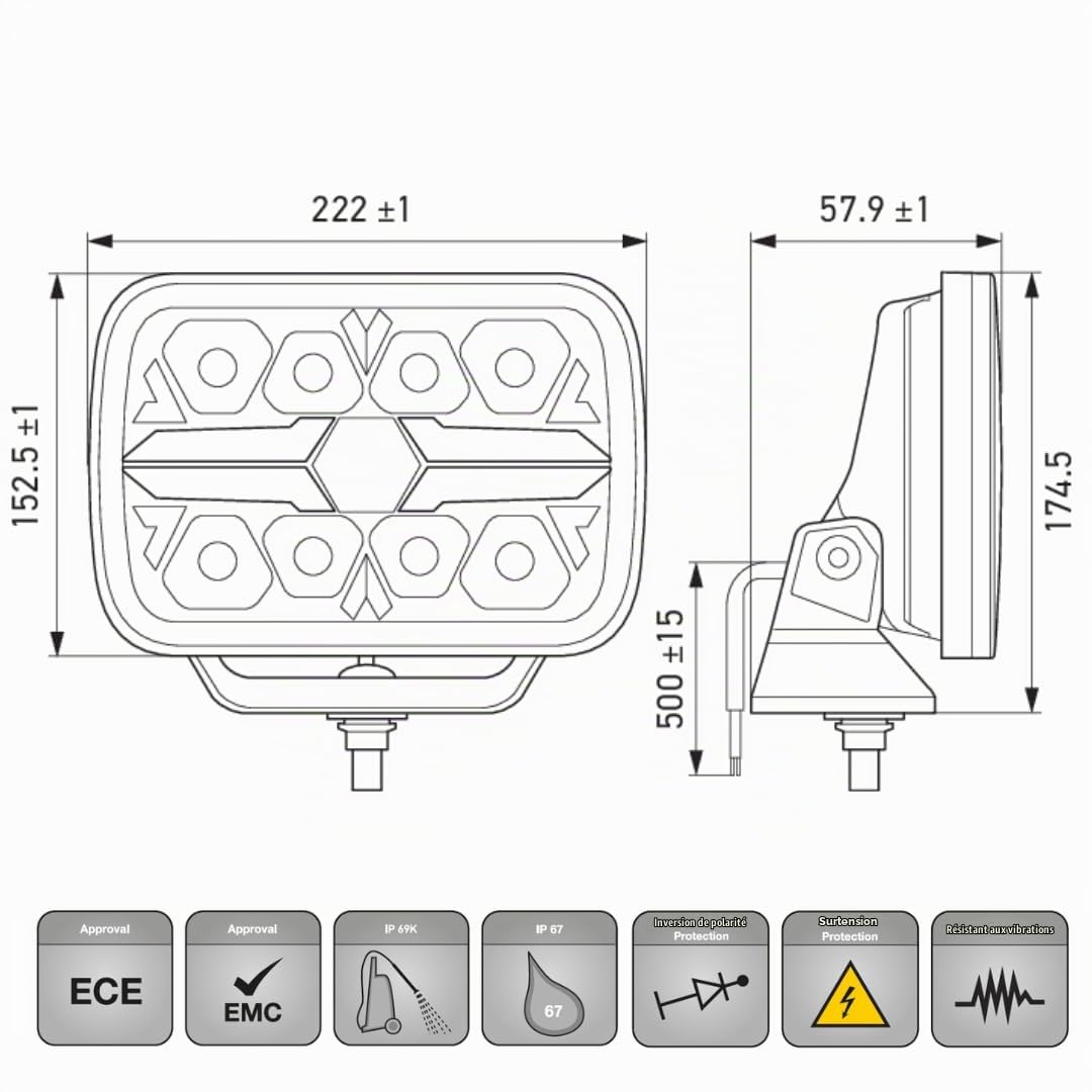 HELLA VALUEFIT LED Projecteur longue portée - Blade Chrome RE 9" - 12V / 24V - rectangulaire - Chiffre de référence: 25 - limpide - Couleur lumineuse: blanc/ambre - Câble: 500mm - 1FJ 357 199-081