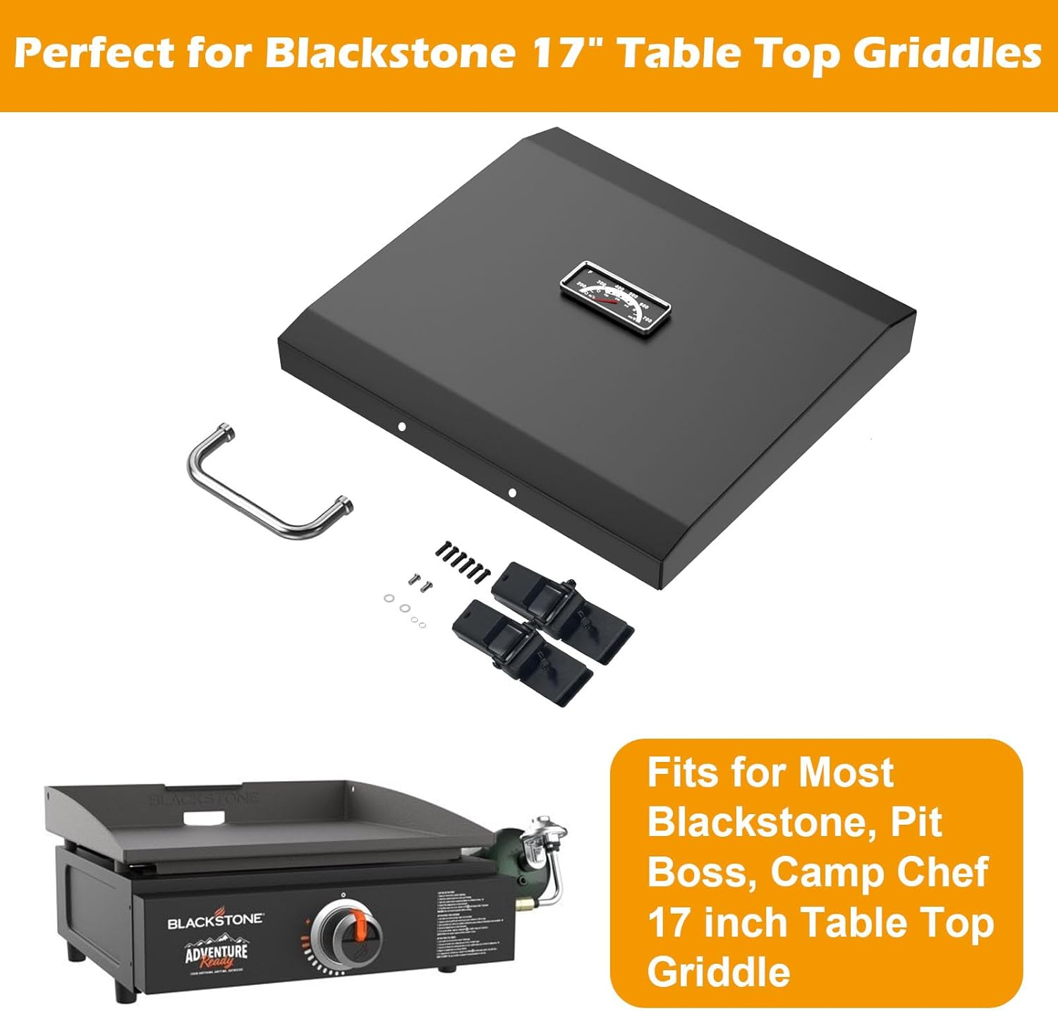 Hinged Lid for Blackstone 1971 1832 1814 1900 1650 1819 2142 1945 1939 1867 1939 Black Powder Coated Steel Hard Cover Hood with Temperature Gauge for Pit Boss Camp Chef 17" Flat Top Griddle Gril