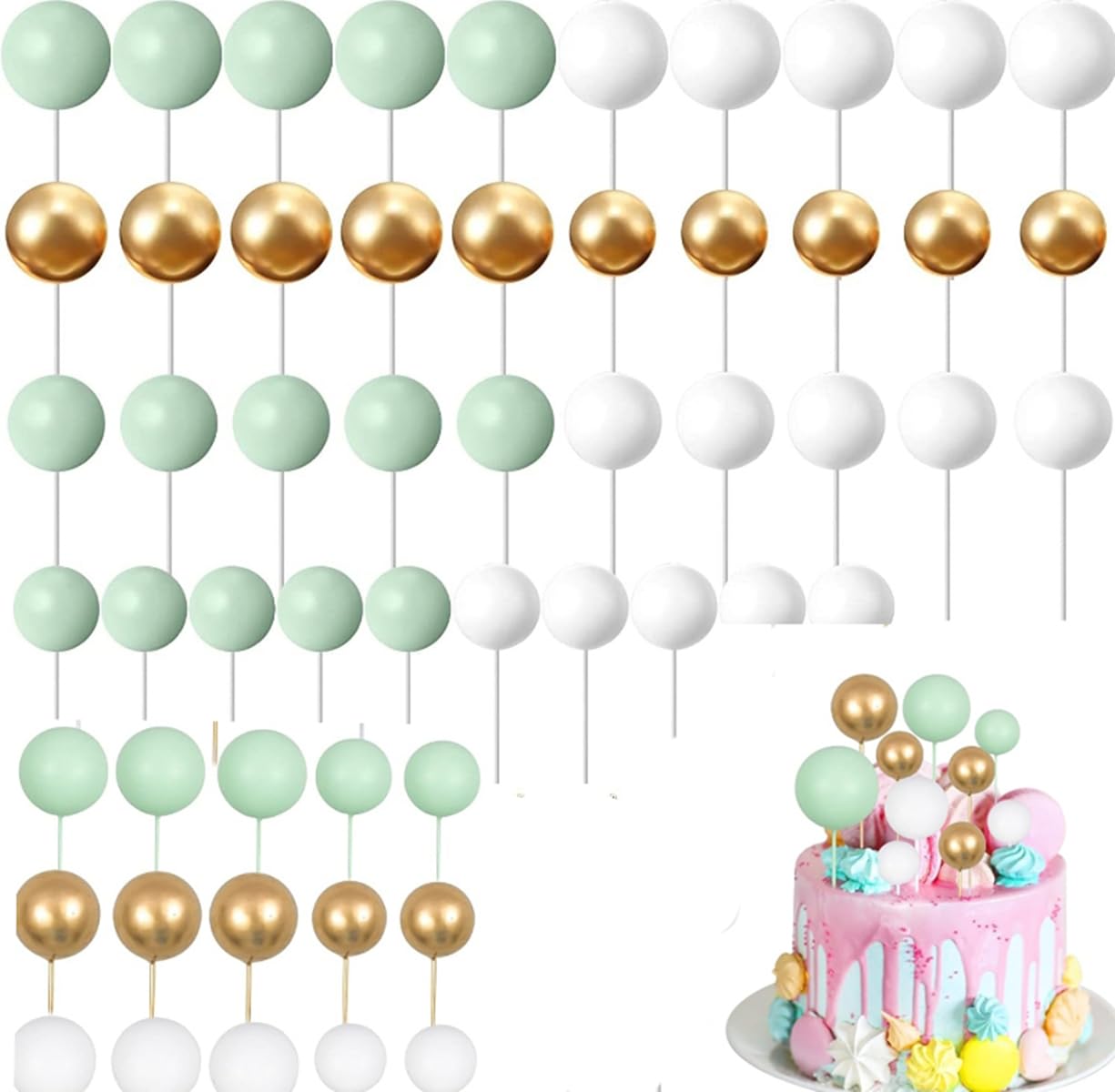 Didome 42 Pcs Balls Cake Topper Balloons Colorful Cupcake Topper DIY Cake Insert Topper Foam Cake Balls Baking Decoration for Wedding Birthday Party Favors (White Green Gold)