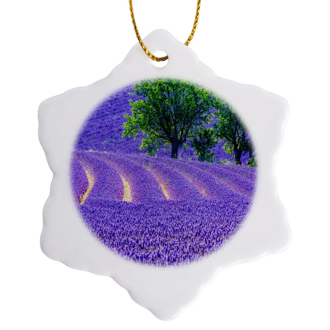 3 inch Snowflake Porcelain Ornament - France, Provence, Lavender Field, Trees Lavender