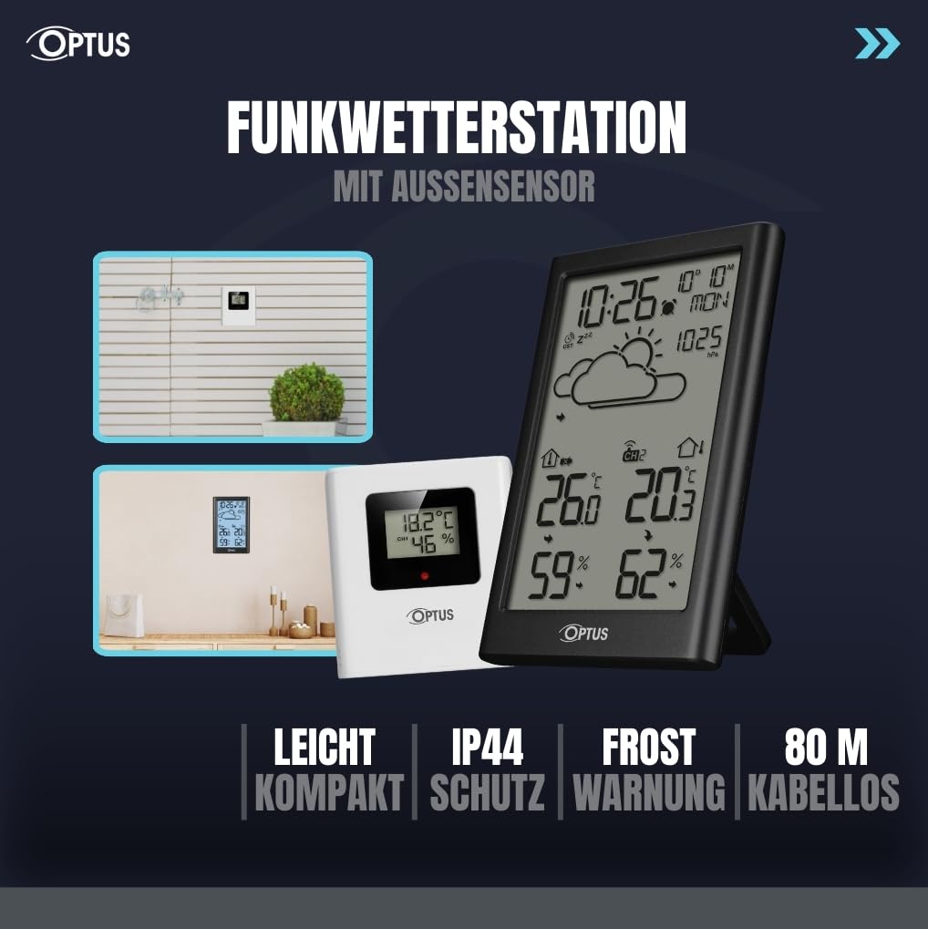 Optus estación meteorológica inalámbrica con sensor exterior, reloj DCF, alerta de heladas, temperatura y humedad interior y exterior, negro