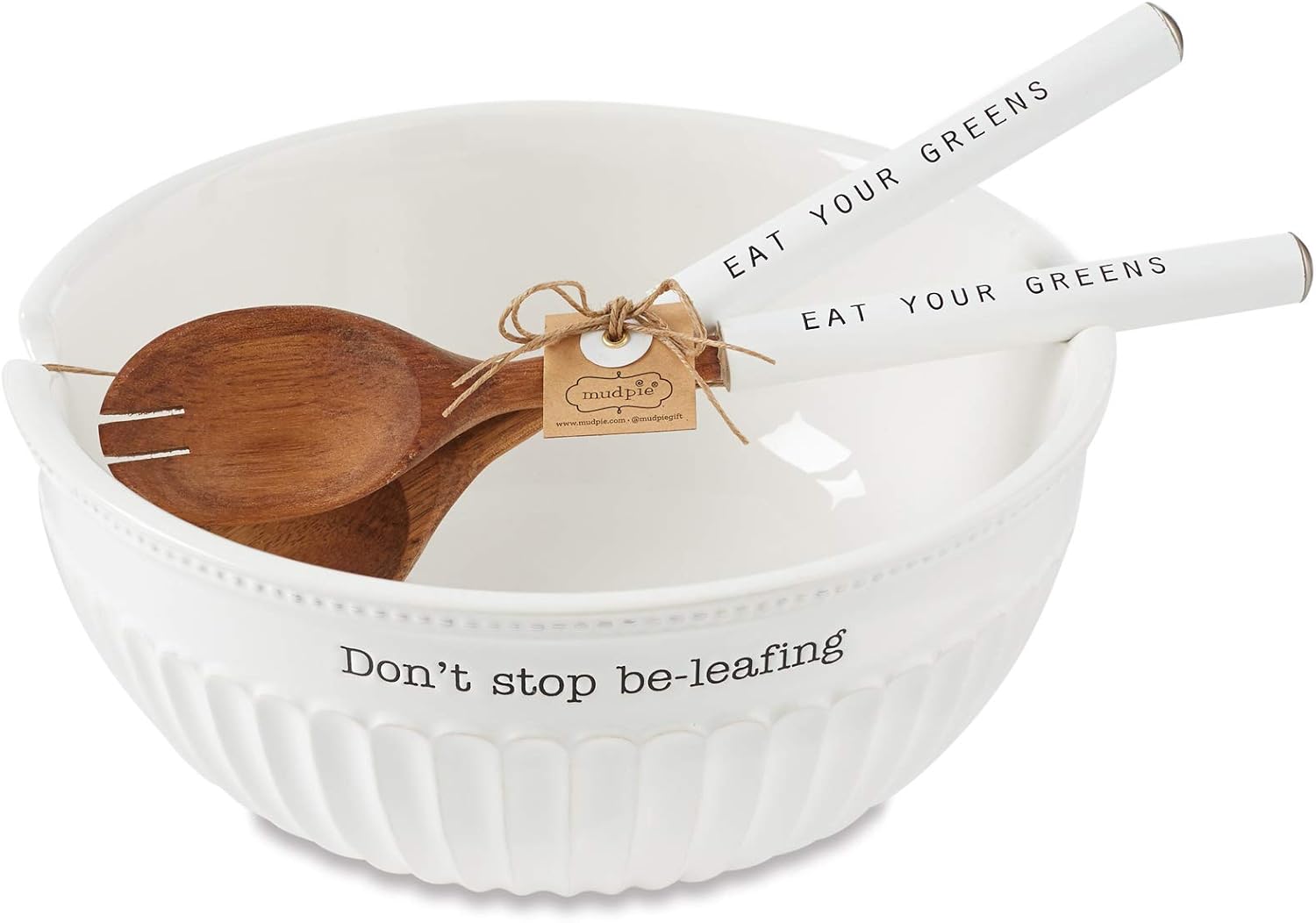 Mud Pie Dolomite, wood Don't Stop Be-Leafing Salad Bowl Set, 32 oz, White, brown