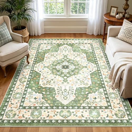 TUKDAK Vintage Teppich Wohnzimmer 120x180cm, Grasgrün Waschbarer Teppich Schlafzimmer, Boho Kurzflor Esszimmer Teppiche, Weich rutschfest Waschbar Kinder Teppiche für Küche Kinderz