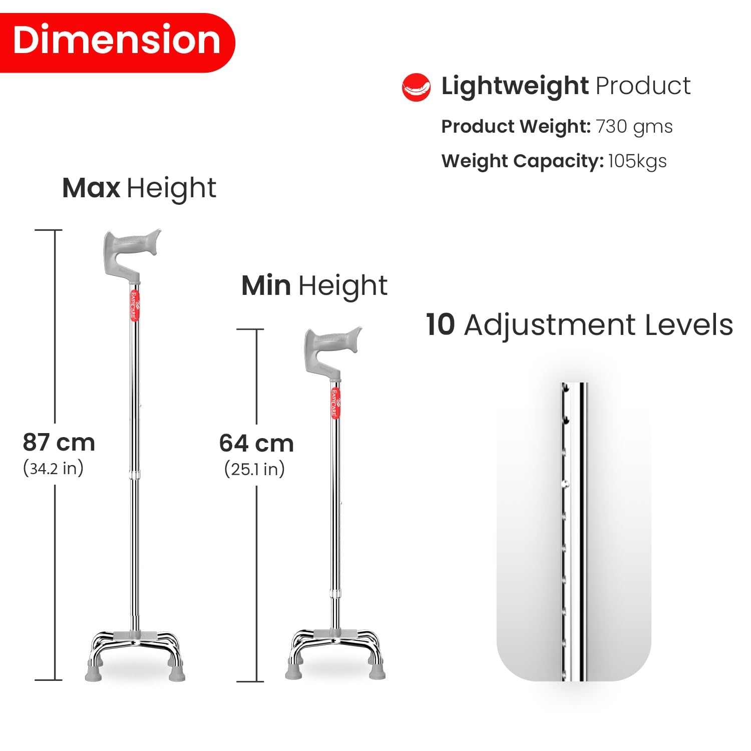 EASYCARE® Premium Walking Stick | Lightweight Aluminium with 10 Height Levels Adjustable | Ergonomic Handle, Anti-Slip Base | Support for Old Age Seniors, Men, Women & Patients (Four Legs) - Image 3 thumbnail