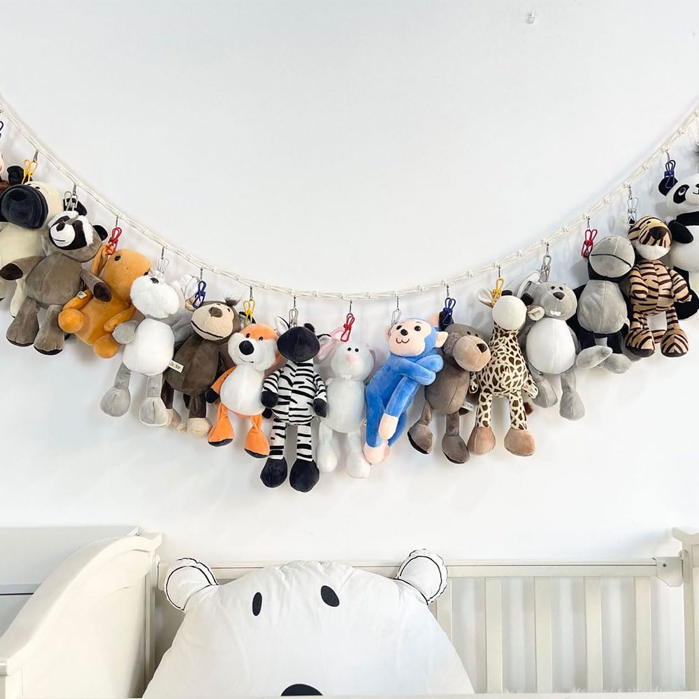 Kuscheltier Aufbewahrung, 2M Handgeflochtenes Seil mit 18 bunten, großen, nicht scharfkantigen Clips, Bohemian-Stil, Seil für Schlafzimmer, Kinderzimmer, Dekoration, Stofftier Aufbewahrung