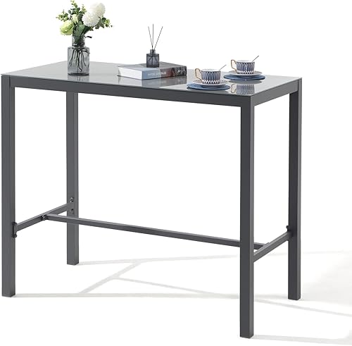 OC Orange-Casual Mesa de bar al aire libre, mesa de comedor rectangular de aluminio para todo tipo de clima, mesa de comedor de vidrio templado,