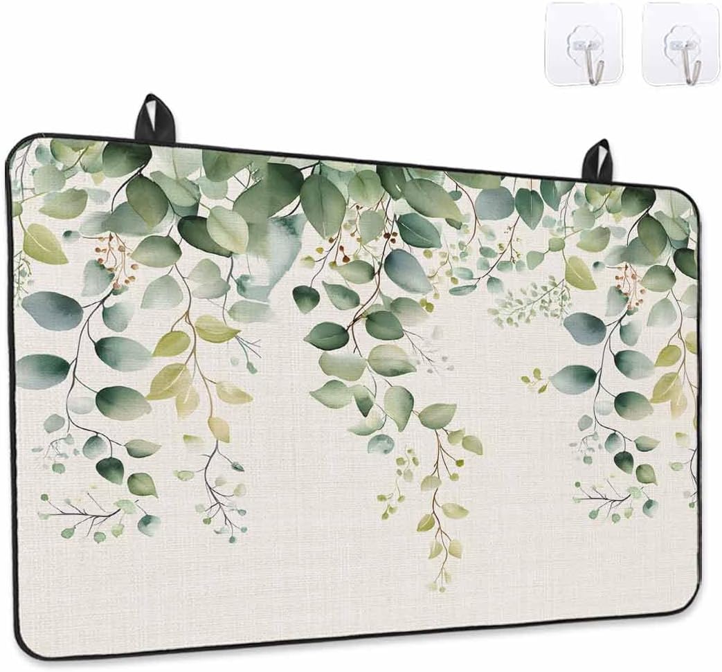 Stove Cover for Electric Stove 24x21 Inch Watercolor Eucalyptus Leaf Stove Top Cover Leaf Plant Glass Cooktop Covers Anti-Slip & Heat Resistant Countertop Protector Home Kitchen Decor