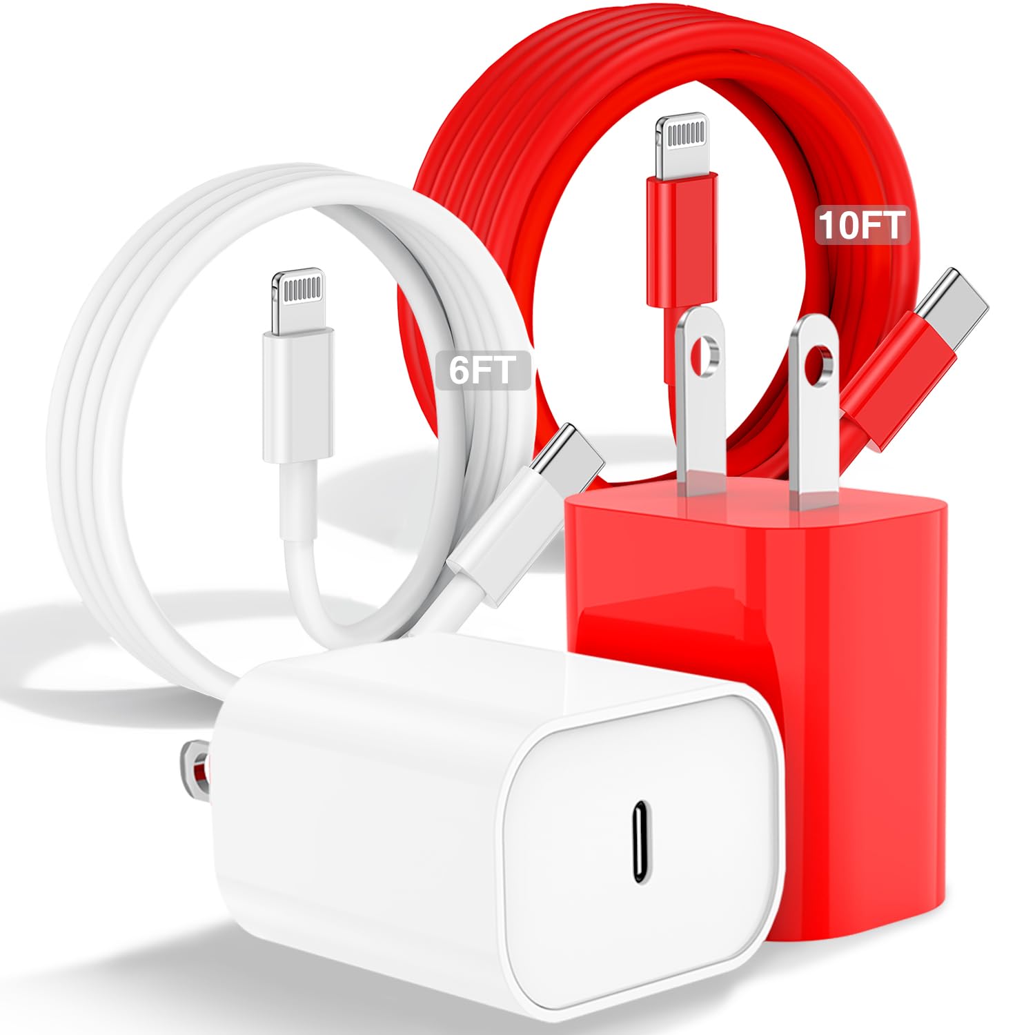 Fashia Phone Charger Fast Charging[6FT+10FT], Apple Charger with Long USB C to Lightning Cable for Phone 14/13/12 Pro Max,20W USB C Charger Block and Chargeur Phone Fast Charing Cord(White+Red)