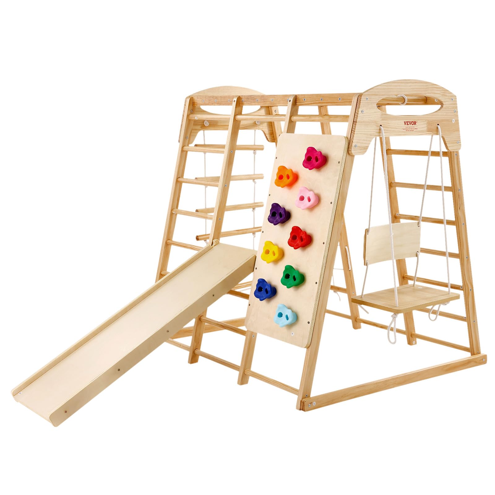 VEVOR Parque Infantil de Interior, Gimnasio de Interior para Niños de Madera, Multifunción con Juguetes de Escalada Tobogán Columpio Barras de Mono Escalera de Malla, Conjunto de Juegos para Niños