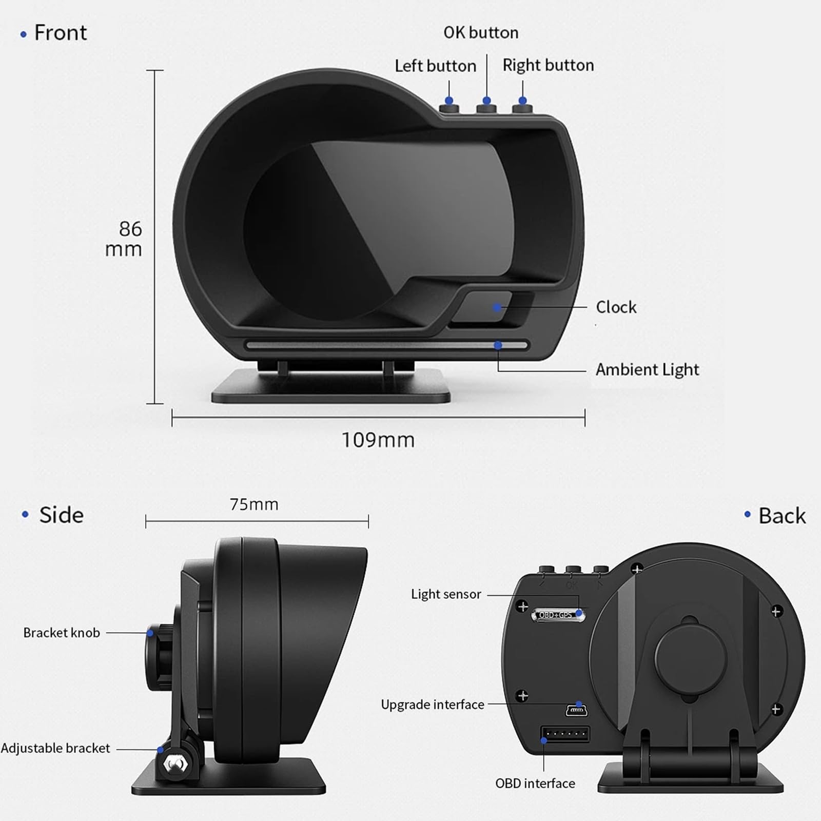 Geloo Head Up Display OBD2+GPS Indicador de Doble Sistema Smart Car HUD Digital Velocímetro Cuentakilómetros Aviso de Exceso de Velocidad Alarma de Temperatura de Aceite