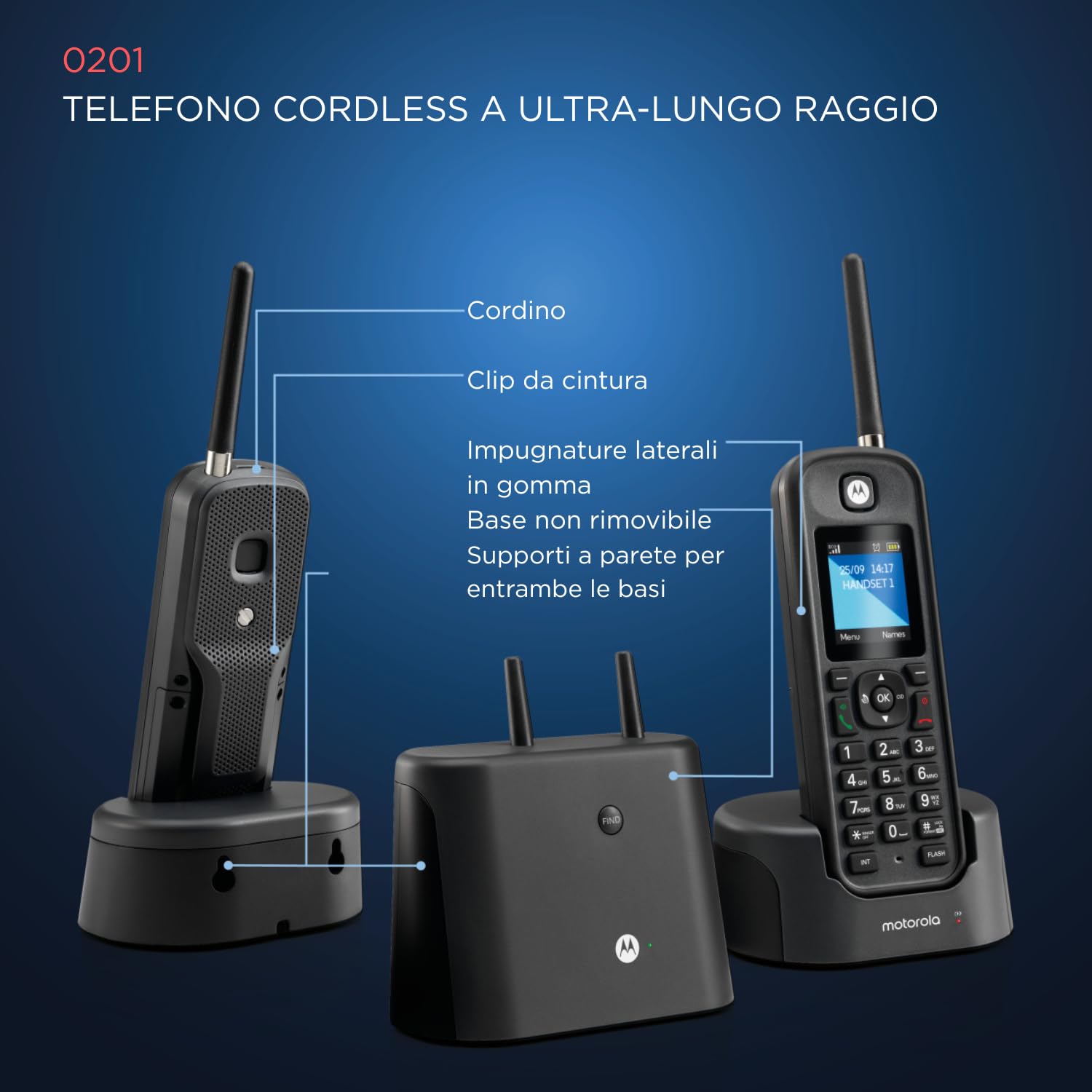 Motorola - Telefono fisso wireless DECT O201, ID chiamante, retroilluminazione, rubrica da 200 numeri, lungo raggio, vivavoce, ideale per uso esterno, nero