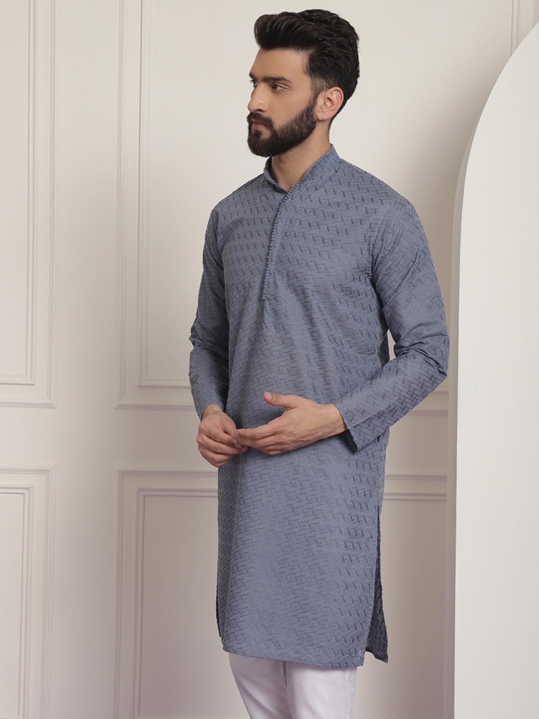 Sojanya (Since 1958 Ethnic Motifs Embroidered Thread Work Pure Cotton Grey Straight Only Kurta