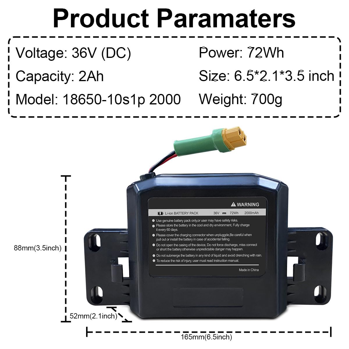 CBJJ 36V Hoverboard Battery Replacement 36V 2Ah Hoverboard Replacement Battery Rechargeable Li-ion Battery Pack with Case Compatible for Jetson Hoverboards, Size: 6.5 * 3.2 * 1.8 inch, 72Wh