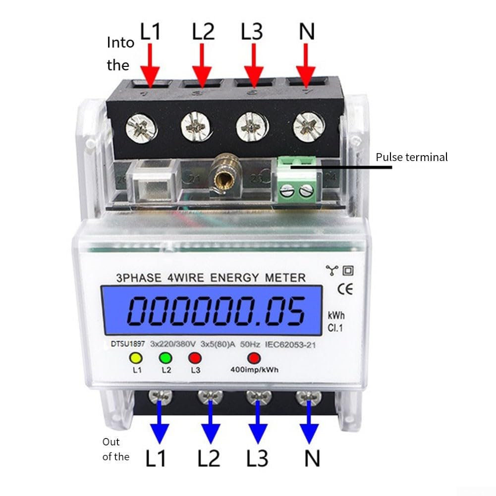 Dreiphasen-Energiezähler, 4-adrig, 230 V, 5-80 A, digitales Wattzähler, DIN-Schienenmontage, für Büroverbrauch