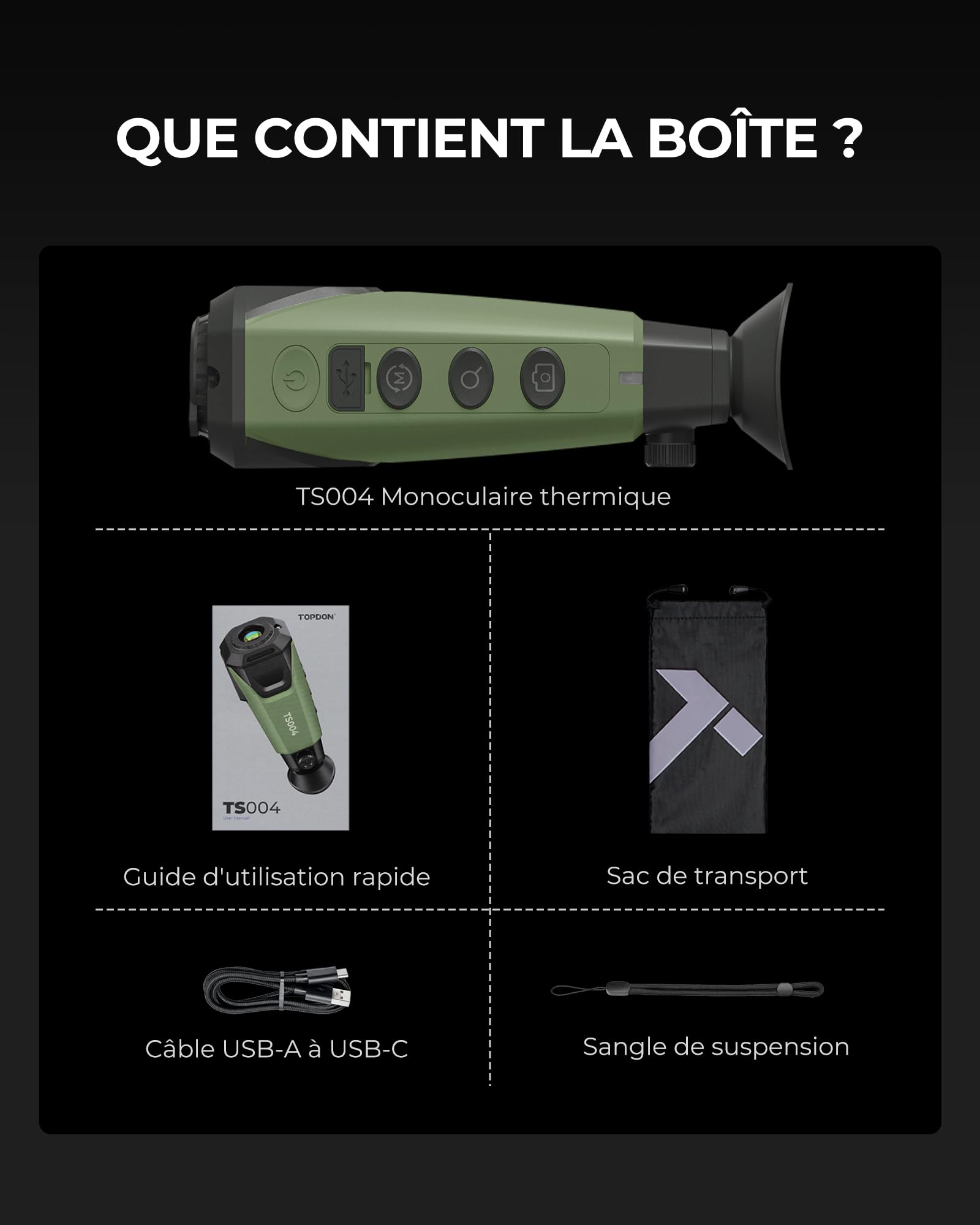 TOPDON TS004 Monoculaire Thermique, 320x240 TISR IR-Résolution 50Hz Camera Thermique pour la Chasse, 11h Autonomie, Objectif 13mm, 410m Portée de Détection, Etanchéité IP67, Zoom Numérique 8X, 32G