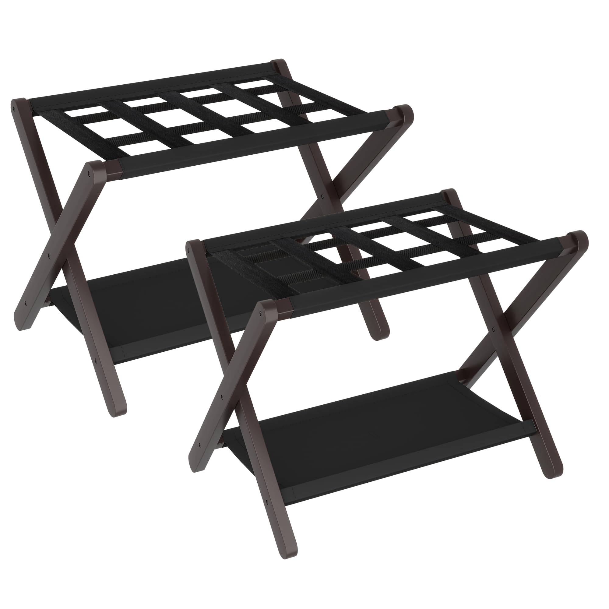 Heybly Luggage Rack, Pack of 2, Folding Suitcase Stand with Storage Shelf, Heavy-Duty Luggage Holder for Guest Room Bedroom Hotel, Holds up to 141 lb, Brown HLR010Z2