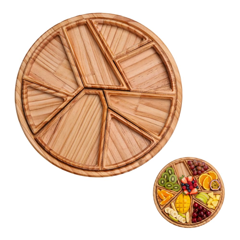 Mioyoow Grain Wooden Serving Tray, 8-Compartment Detachable Puzzle Snack Tray For Fruits, Nuts, Appetizers, Pizza, Bread