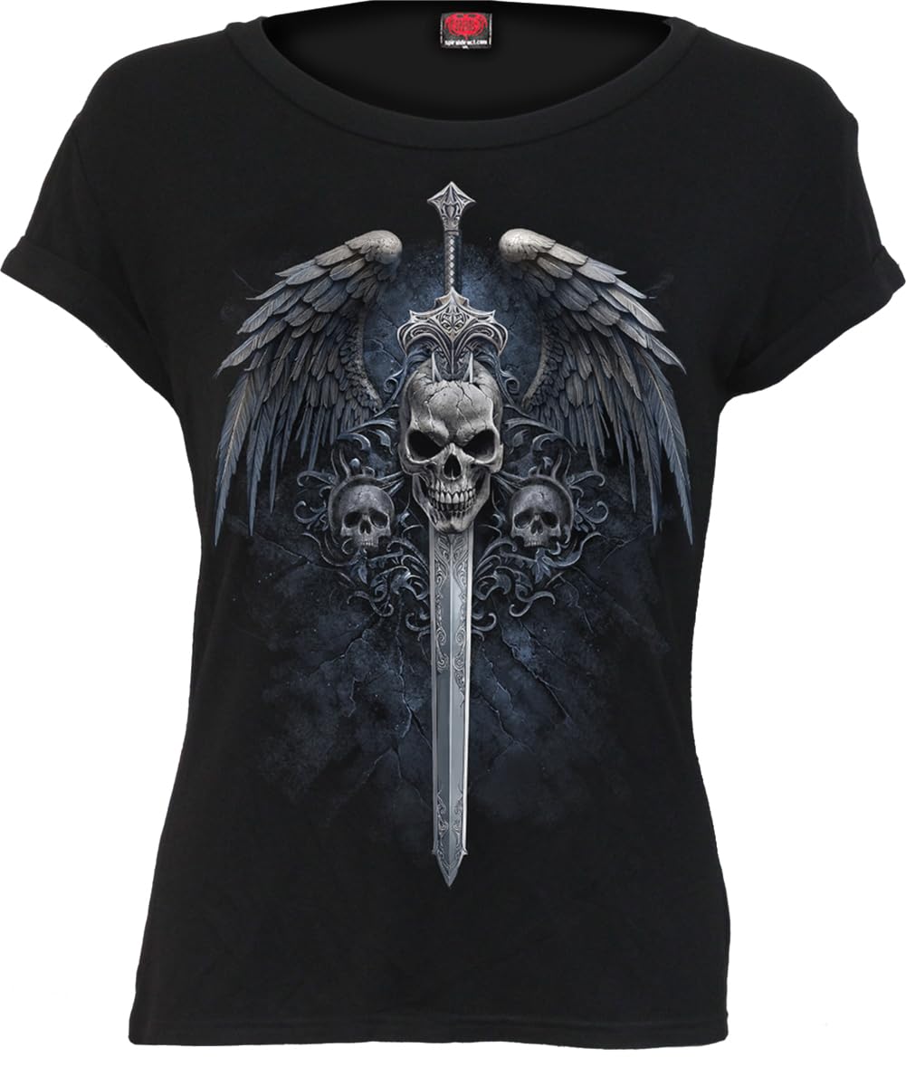 Spiral Men's Black Cap Sleeve Boatneck Top - Angel Sword, Large
