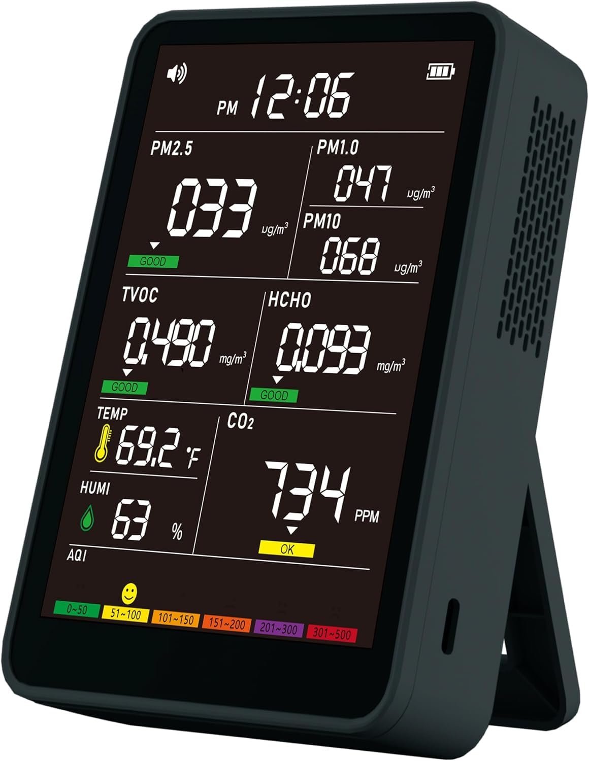 Professional Indoor Air Quality Monitor with AQI Alerts, Portable Real-Time Detector for Home, Car, Plants & Pet