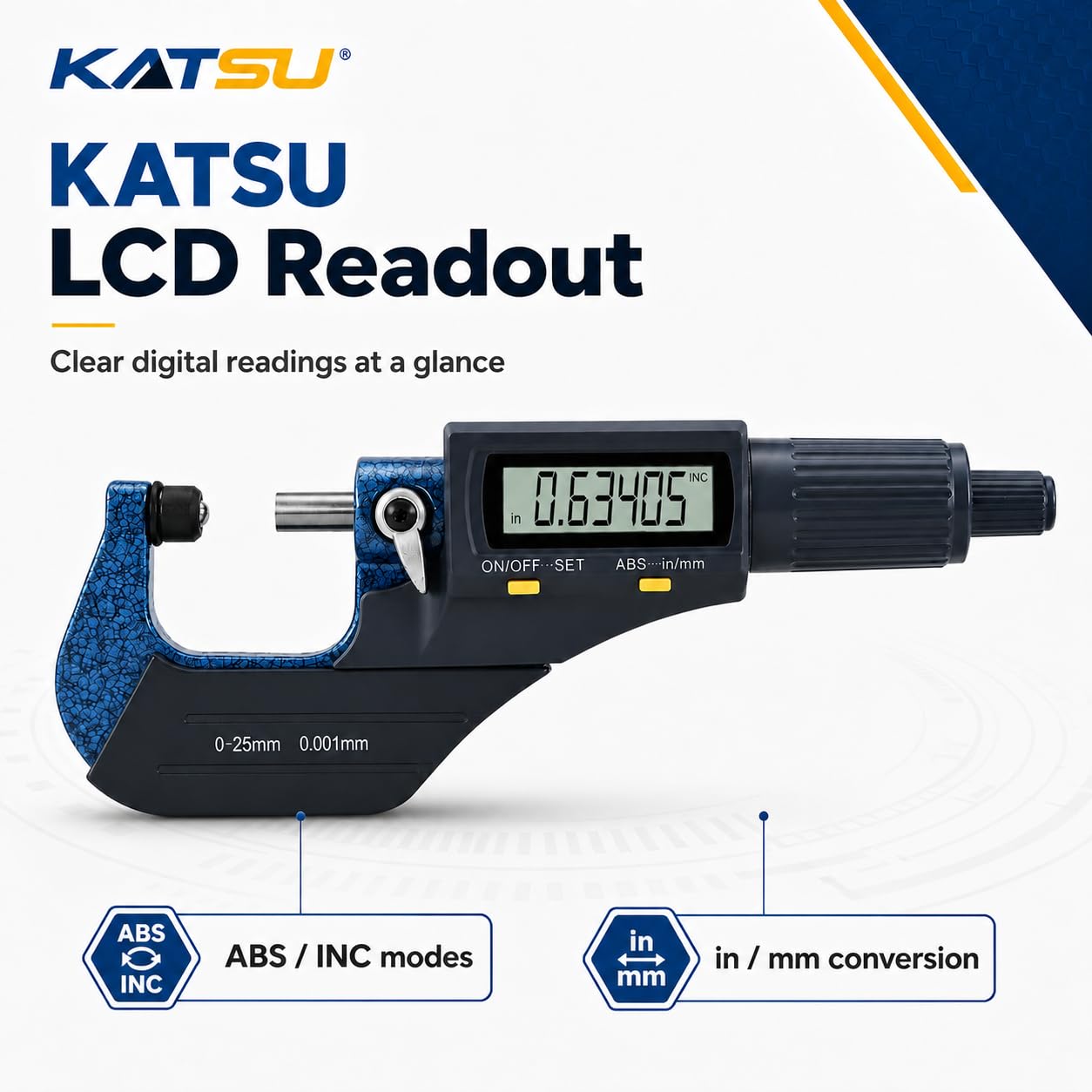 KATSU Micromètre Numérique 0-25 mm / 0-1" Résolution 0,001mm Haute Précision LCD Micromètre Extérieur électronique Calibre Mesure en Pouce/Métrique avec Mode Absolu et Mode Incrémental