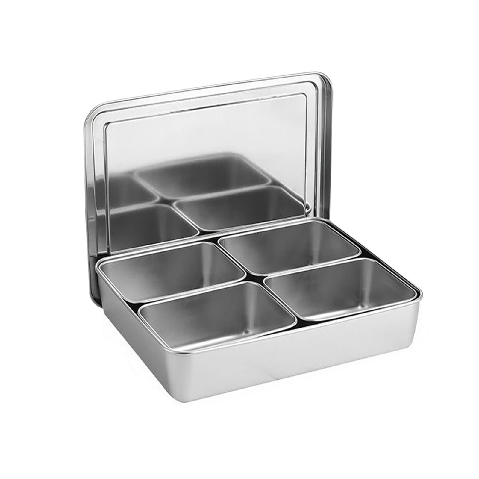 UBOHUZ 1PCS Kitchen Food Storage Container Compartments Stainless Steel Seasoning Box Containers With Lid Rectangle Chef Tools for Kitchen Condiment(4 Grid)