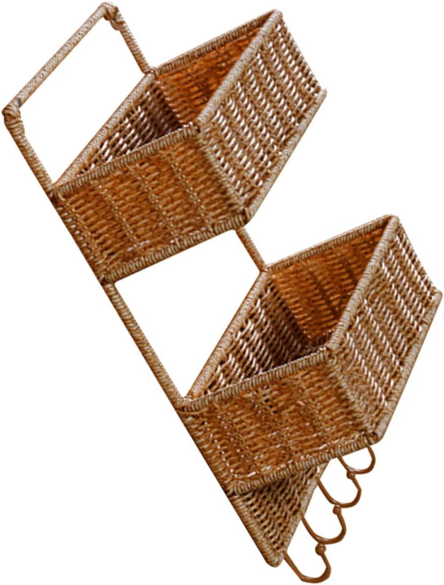 NOLITOY Woven Rattan Fruit Basket Multi-layer Wall Mount Shelf Drill Kitchen Bathroom Storage Hooks 2 Tier for Kitchen