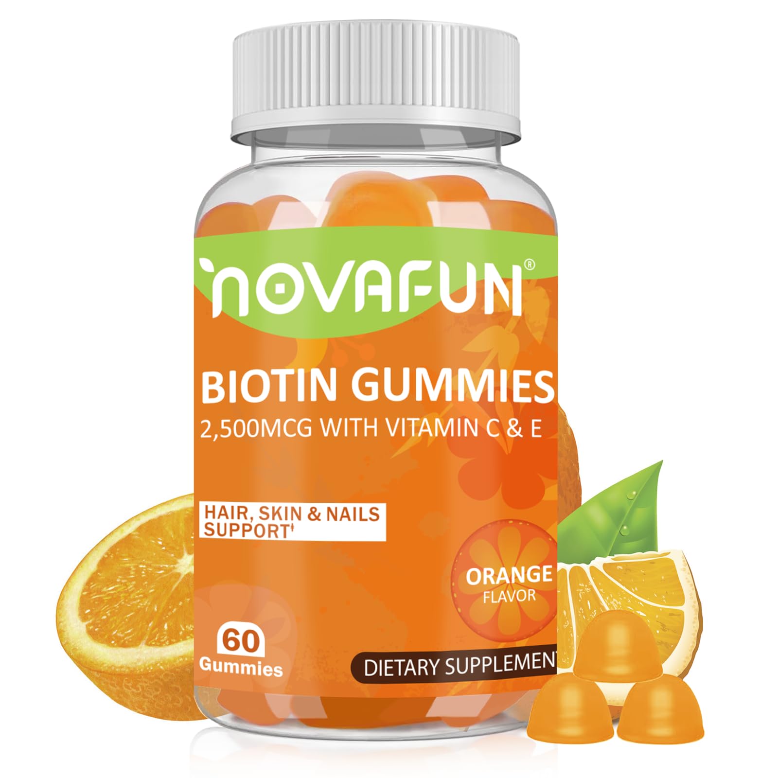 Vegan Biotin-Gummies for Hair Growth Women, Men & Kids, 2500 mcg Biotin Chewable with Vitamins C & E for Hair, Skin & Nails, Gluten Free, Orange Flavor, 60 Gummies