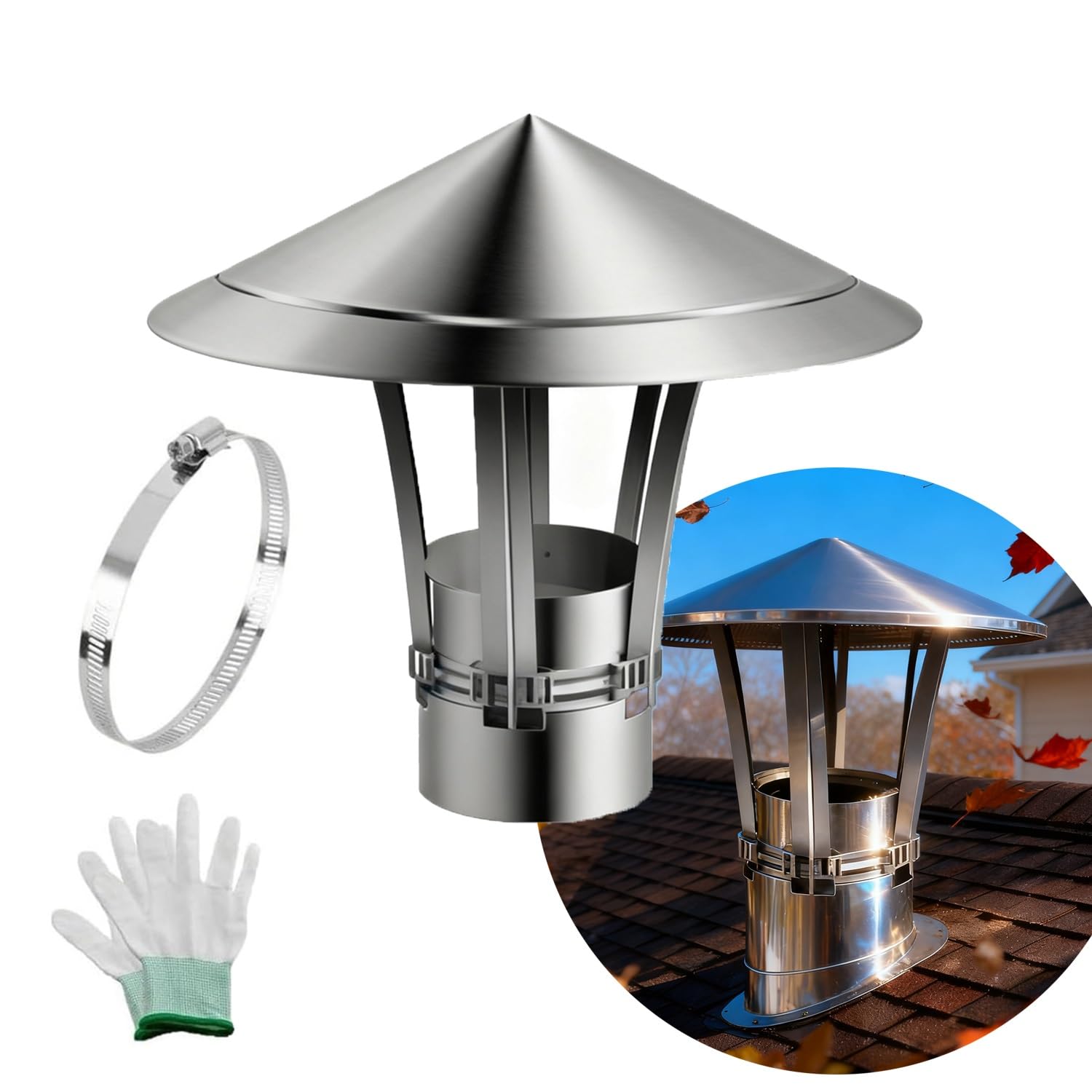 PFXNGMS 201 Stainless Steel Chimney Cap, Cone Top Chimney Caps 5-30 cm, Adjustable Stove Pipe Cover, Silver Fireplace Caps Chimney Cover for Outside Existing Clay Flue(12cm)