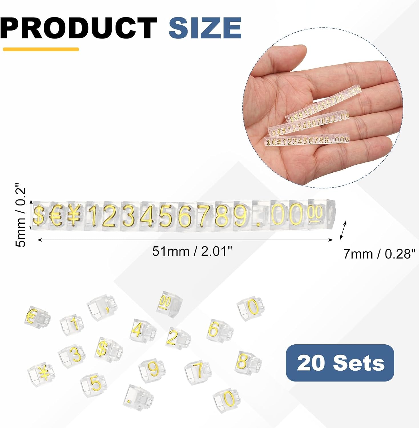 PATIKIL 2" x 0.2" Price Tag Cube,20 Set Plastic Adjustable Counter Stand Label Number Letter Price Block Kit for Jewelry Supermarkets Bakeries Retail Shop, Clear Gold (Small)