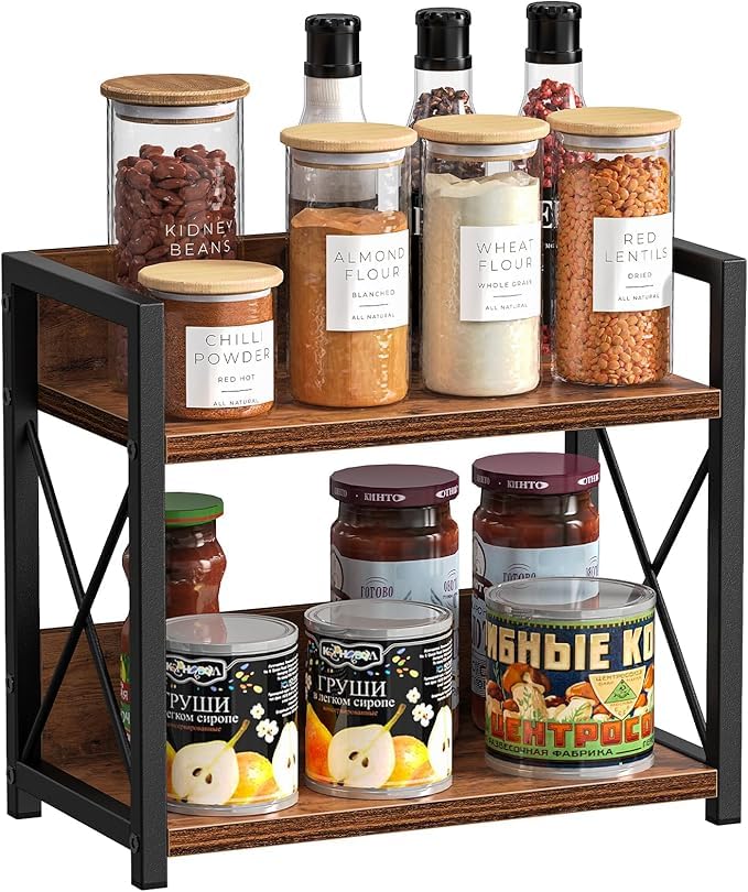 Image of OXMIC 2-Tier Countertop Organiser, Brown, Engineered Wood, Matte Finish, Modern Style, 32x21x15 cm, Lightweight
