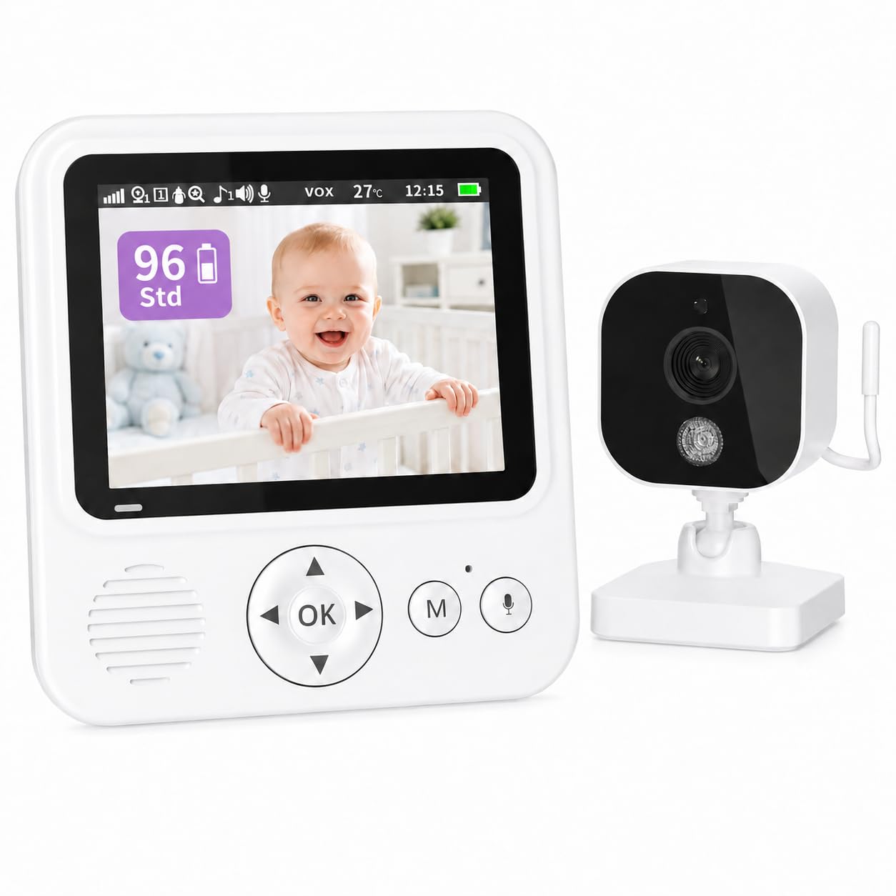 BURNNOVE Babyphone mit Kamera, Babyphone ohne WLAN, 96H VOX Akku, 720P IPS, Split Screen, Bewegungserkennung, Nachtsicht, 2-Wege-Audio, Temperaturüberwachung