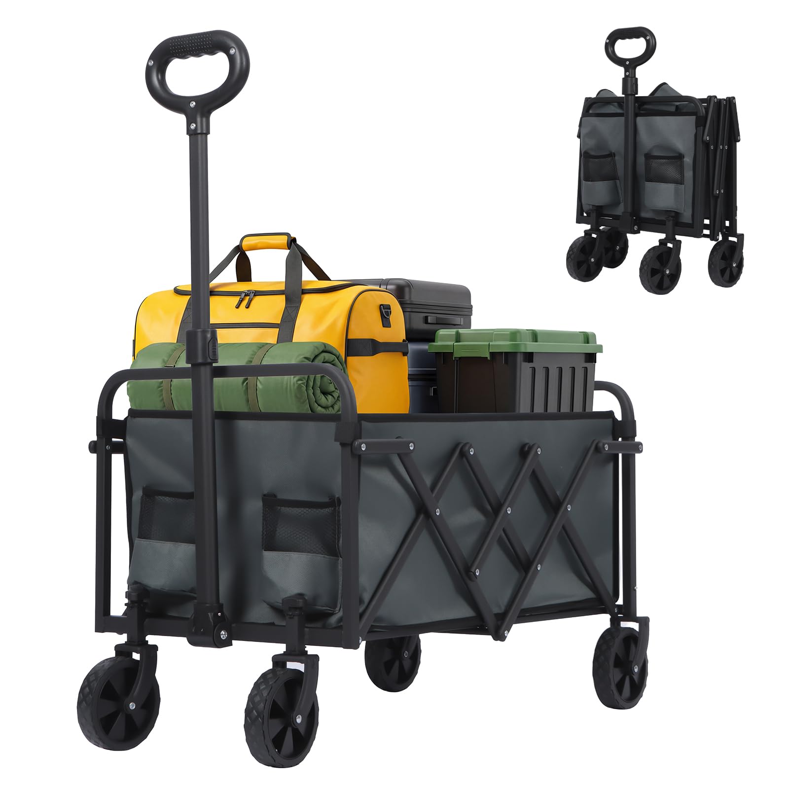 Panana Grey Folding Trolley With Wide Wheels, Foldable Wagon, Portable Camping Cart, Collapsible Trolly With Adjustable Handle, Shopping Trolley Foldaway For Easy Storage (, 80L)