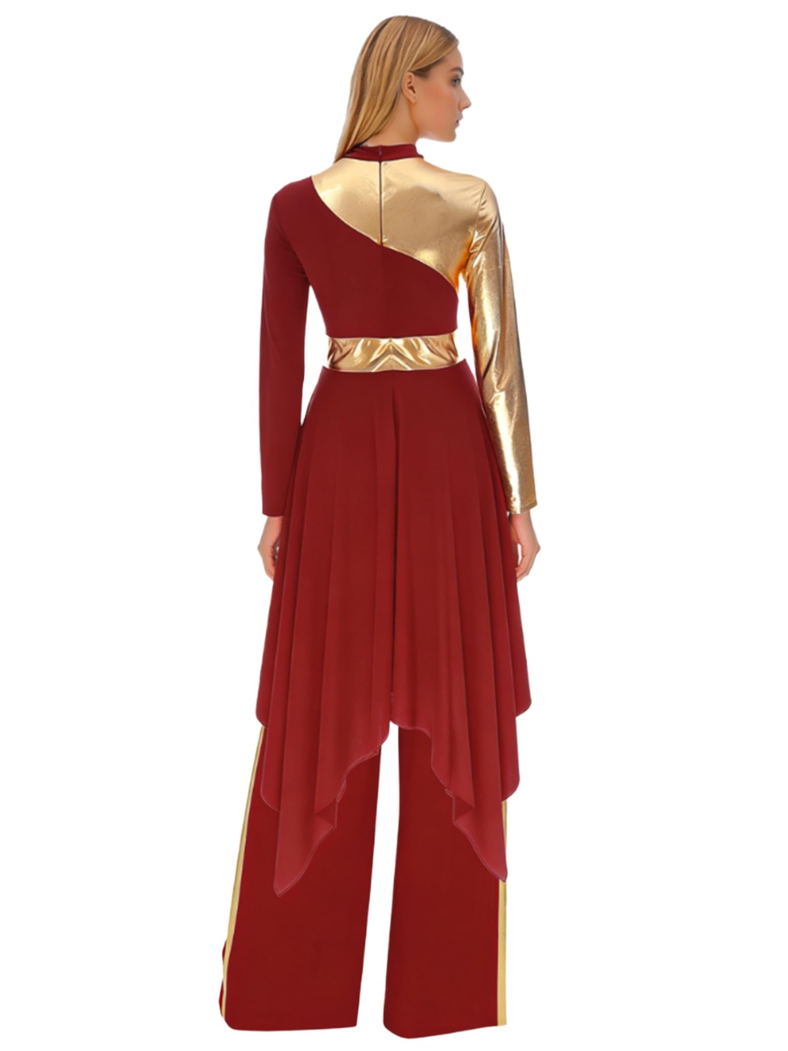 Traje de Danza Cristiana de Alabanza Festiva con Patchwork Brillante para Mujer Manga Larga con Vestido Ballet Lírico de Tul y Pantalones Anchos de Baile