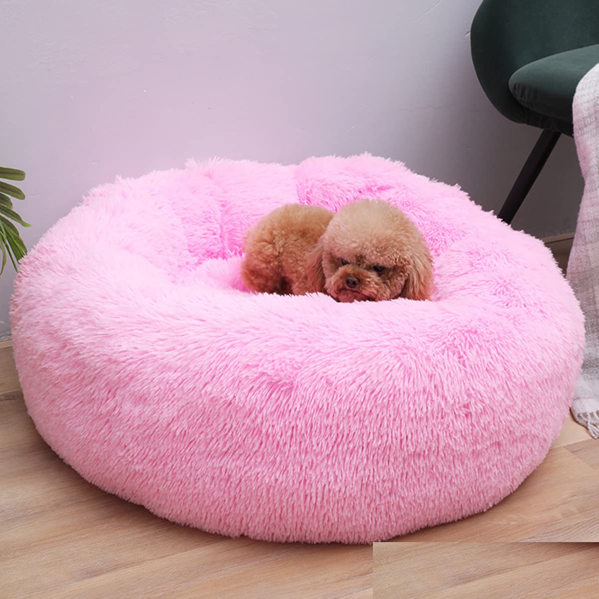Calming Dog Bed & Cat Bed, Anti-Anxiety Donut Warming Cozy Soft Dog Round Bed, Fluffy Faux Plush Dog Cat Cushion Bed for large Small Medium Dogs and Cats diameter32in