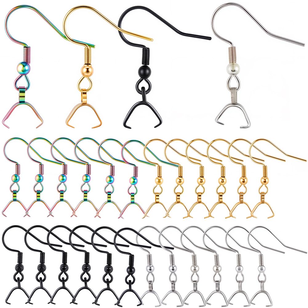 SUNNYCLUE 1 Box 40Pcs Earring Hooks Stainless Steel Ear Wires Fish Hooks Pinch Bails Earrings Hooks Bulk Hypoallergenic Earring Findings Black Rainbow Golden Earring Components for Jewelry Making