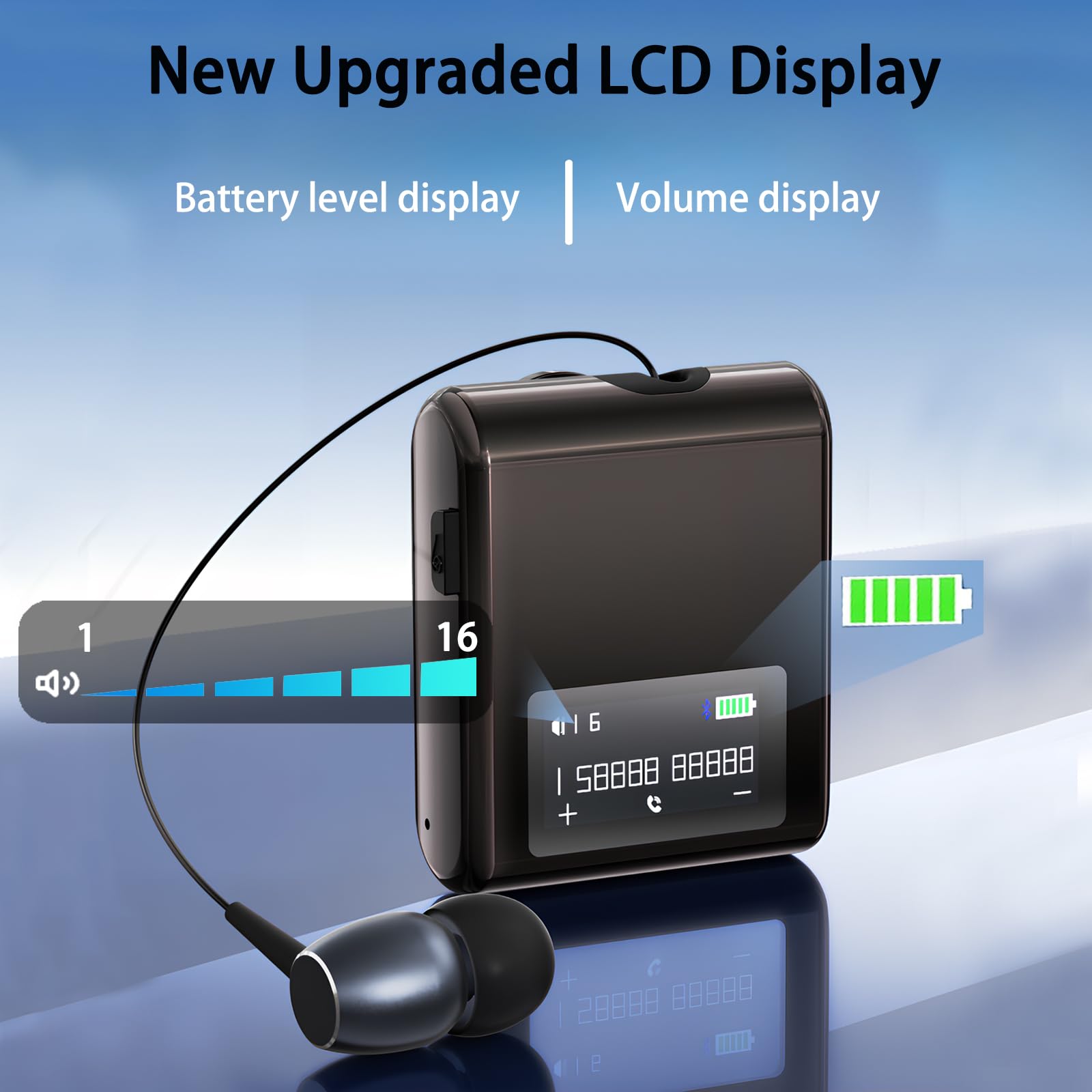 Auricolare Bluetooth Business con Filo Retrattile, Auricolar Senza Fili con Microfono, Cuffia Wireless Lavalier con Display LCD, Bluetooth 5.4, Ricarica Rapida (Nero)