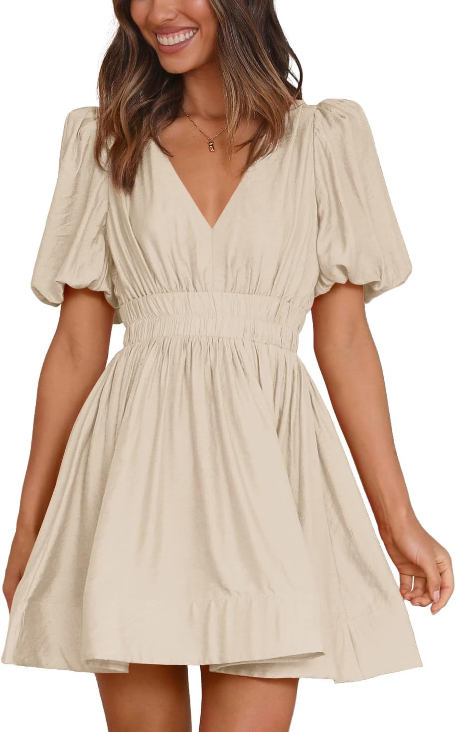 BWQ Women Mini Dress Short Puff Sleeve Sexy V Neck Dress A-line Elastic High Waisted Casual Flowy Summer Dresses