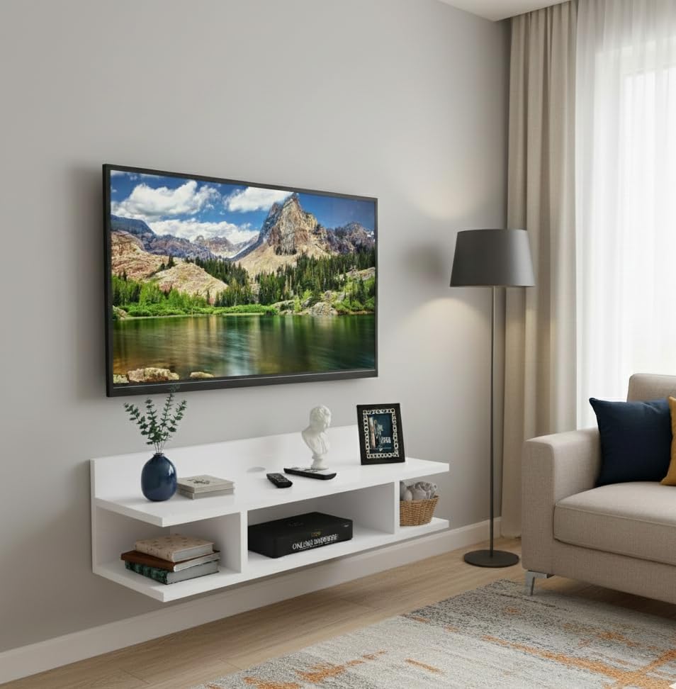 Image of Engineered Wood Set Top Box Stand | Wall Mounted TV Unit Shelf for Router, WiFi, DVD, Gaming Console | Sturdy & Space Saving TV Accessory Organizer (Brown, 50 x 20 x 15 cm) (White)