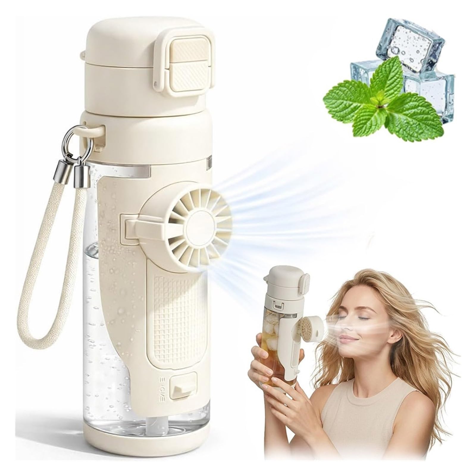 Gourde ventilateur 2 en 1 blanche avec paille et 3 vitesses