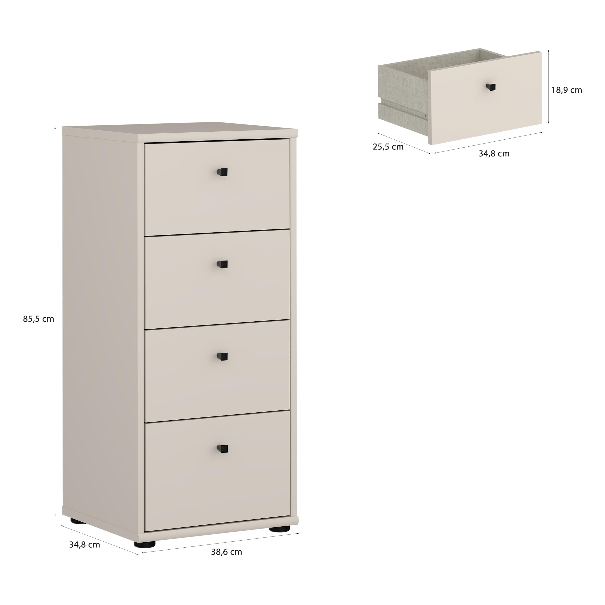 Forte TEMPRA 2 Kommode 40, Moderne Kommode mit 4 Schubladen, Holzwerkstoff, Schlafzimmer, Wohnzimmer, Büro, Kaschmir|Beige, 38,6 cm breit x 85,5 cm hoch x 34,8 cm tief