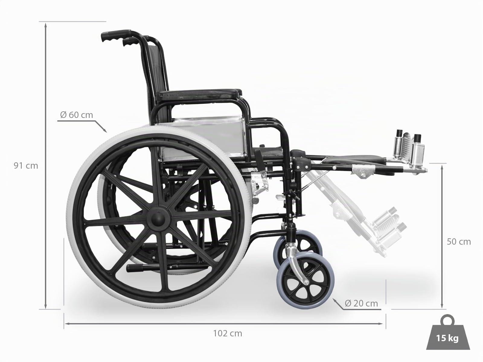 Rollstuhl klappbar leichtgewicht – Selbstfahrender Rollstuhl mit Fußstützen bis 90° verstellbar, stabiler Stahlrahmen, leicht faltbar, Handbremsen, 15 kg – WELLCORE
