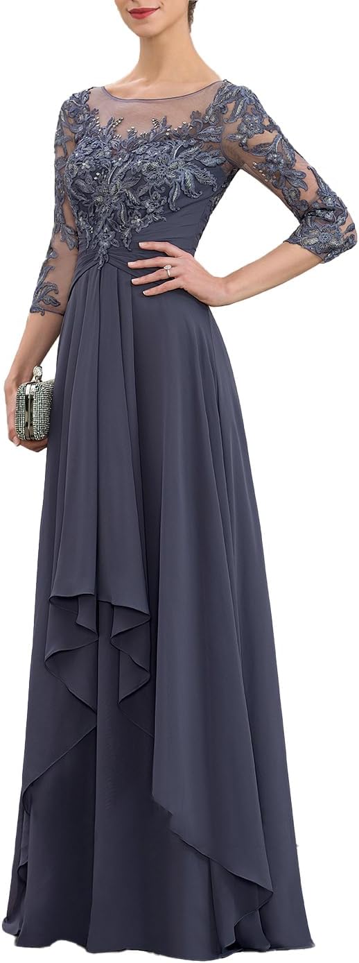 Women's Lace Applique Mother of The Bride Dress for Wedding 3/4 Sleeve Chiffon Formal Evening Dresses - Image 3