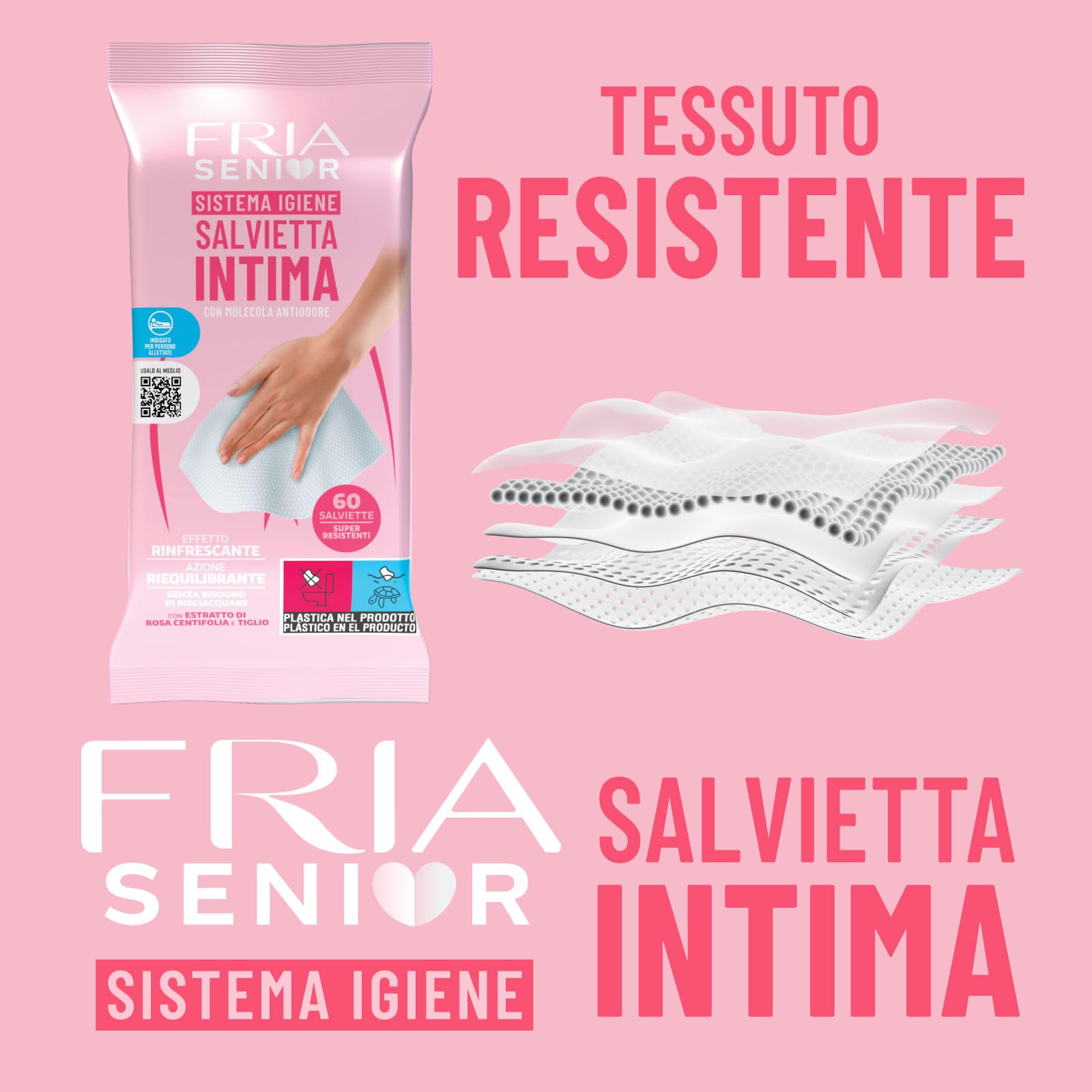 Salviette per l’Igiene Intima degli Anziani - con Estratti di Rosa Centifolia e Tiglio - Azione Riequilibrante - Antiodore - Formato: 60 Salviette - FRIA Senior (Confezione da 4)