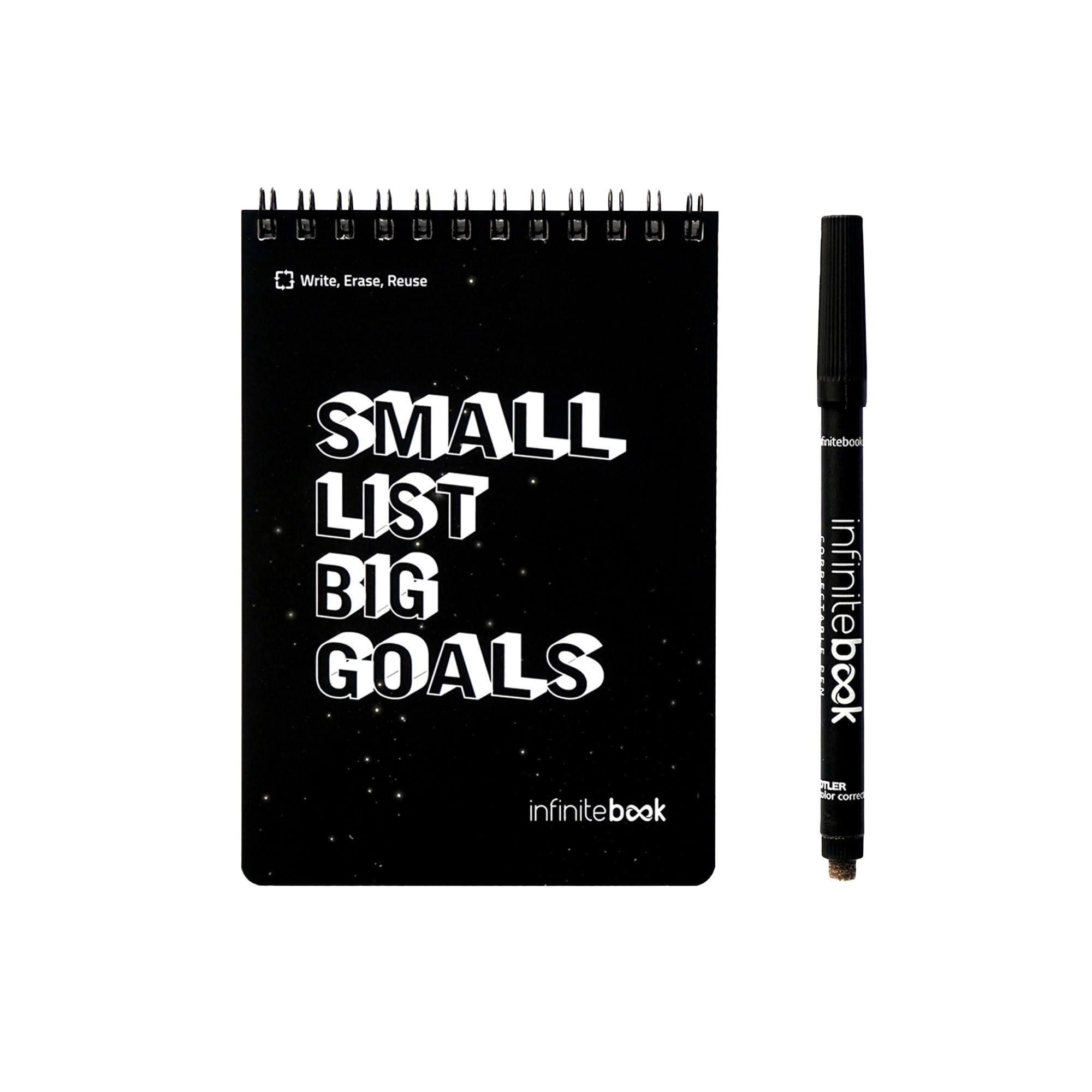 InfiniteBook Big Goals Cuaderno de Pizarra Inteligente Reutilizable - A6, Hojas Borrable, Incluye Bolígrafo de Punta Fina Negro
