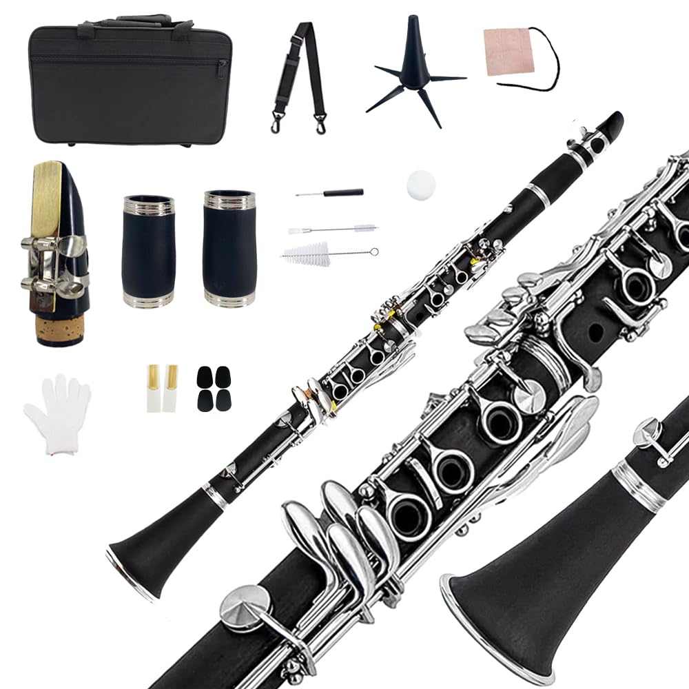 Yinfente Bb Clarinet for Beginner 17 Key Nickel-plated Ebonite b Flat Clarinet with 2 Barrels,Hard Case,Cleaning Kit,Mouthpiece,Cork Grease,Gloves,Reeds,Cushion，Stand
