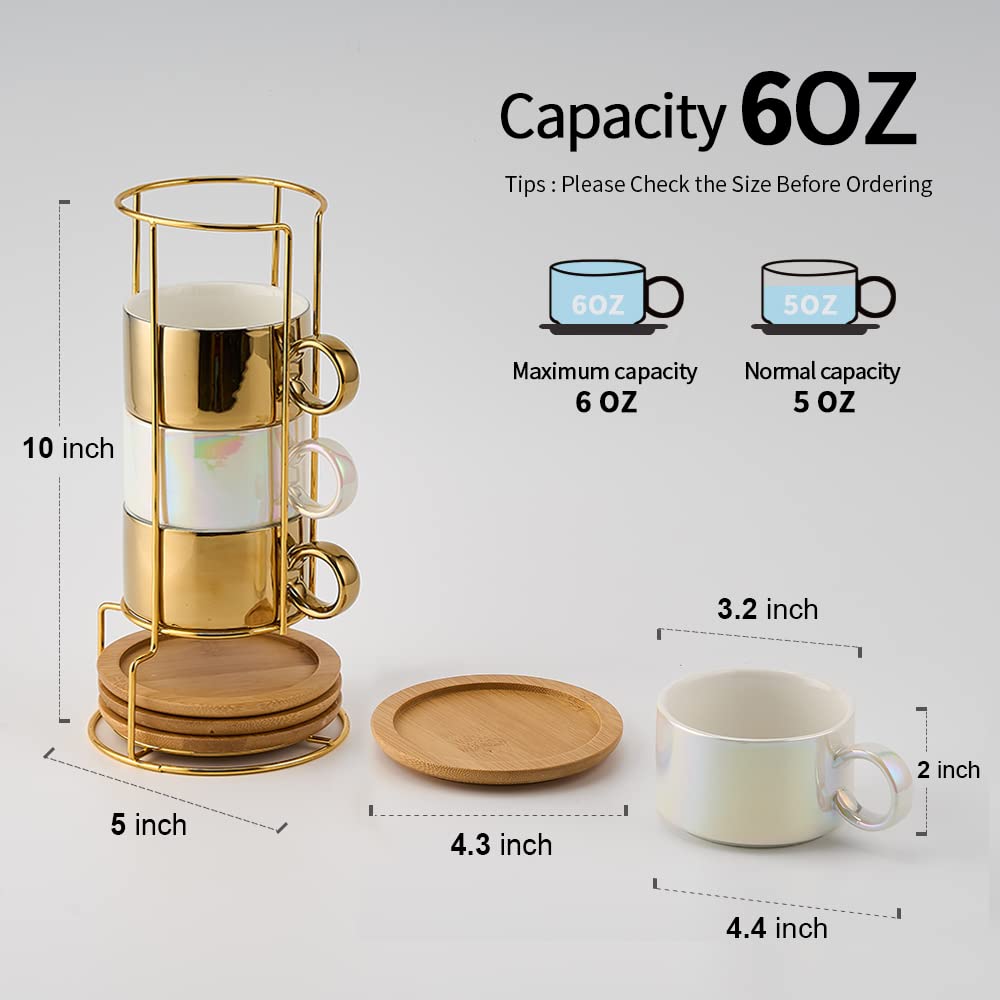 LUKA Porzellan-Espressotasse mit Untertassen und Metallständer, stapelbare Keramik-Demitasse-Espressotassen, Cappuccino-Tassen für Latte, Kaffee, Café, Mokka, Tee, 170 ml, schimmerndes Gold, 4 Stück