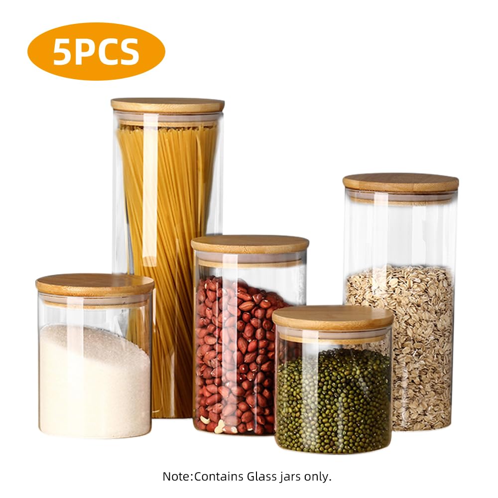 Kavolet 5 Stück Vorratsgläser aus Glas,Vorratsgläser mit Deckel,Vorratsdosen Set mit 24 Etiketten und Markierungsstift,Aufbewahrungsgläser,stapelbar für Süßigkeiten Reis Zucker Mehl Nüsse Gewürzgläser